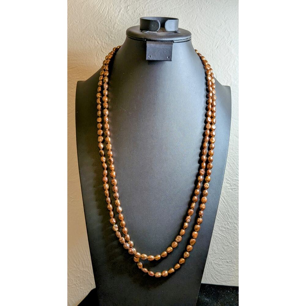 Vintage 66" Copper/Bronze Tone Freshwater Pearls Necklace 115.7g